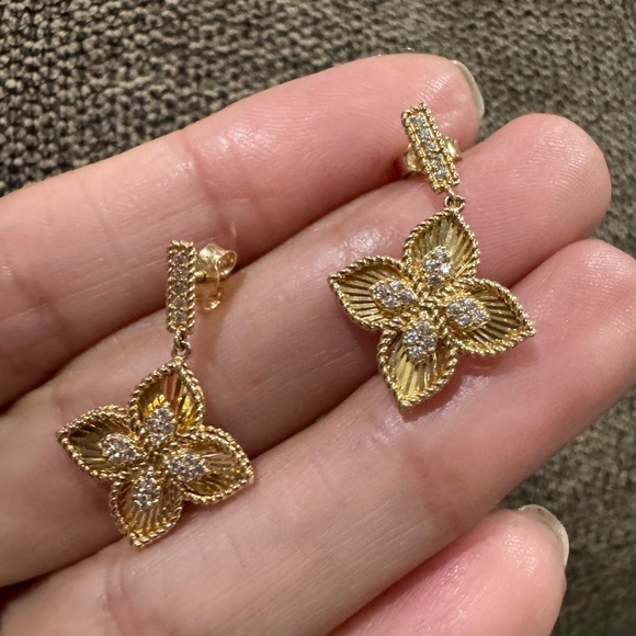 Stunning 18k Yellow Gold Diamonds Moissanite Flower Drop Earrings - Picture 1 of 14
